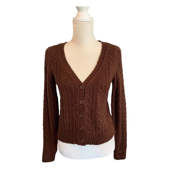 New! American Eagle Outfitters Chunky Brown Knit Cropped Cardigan Women’s Sz XS - Picture 1 of 11